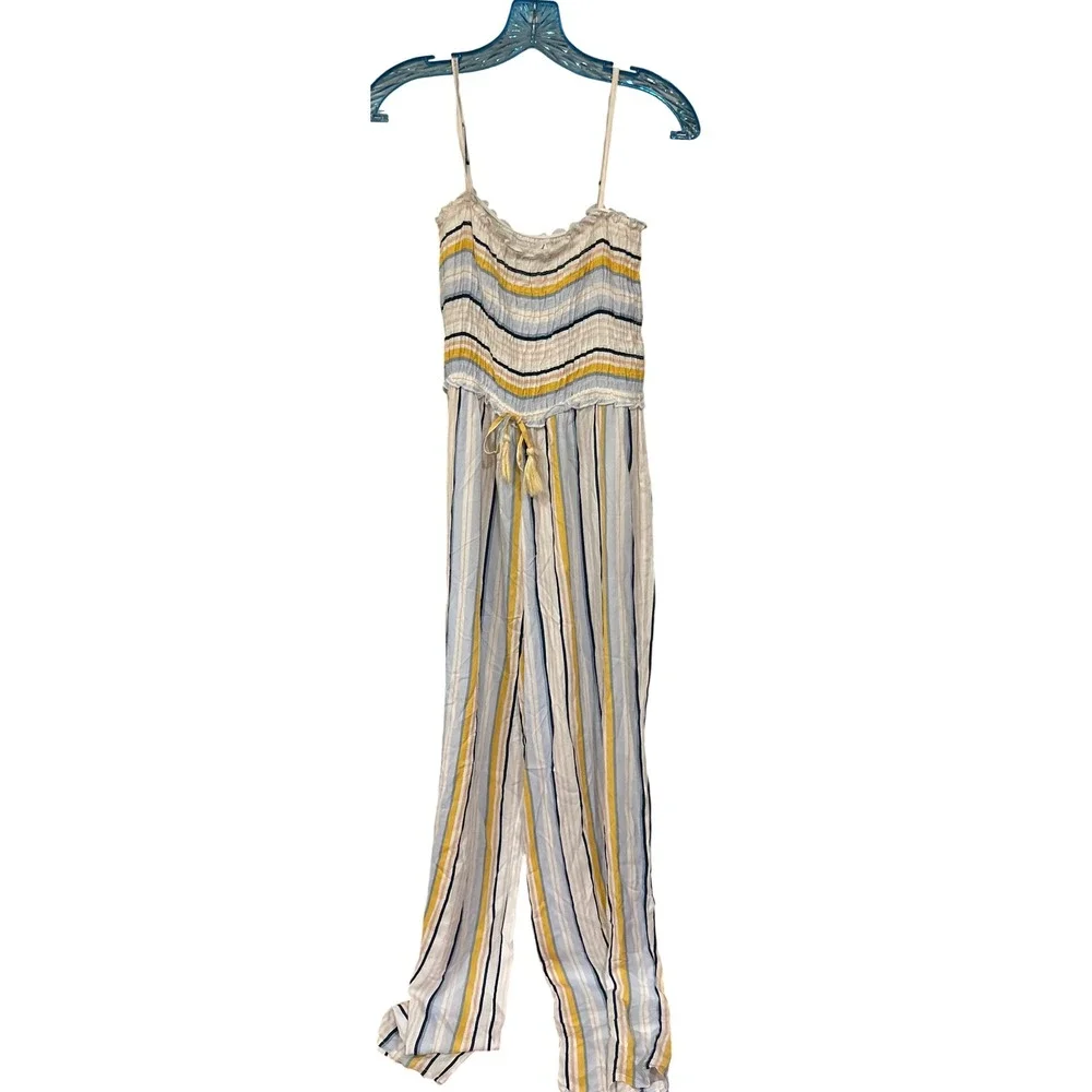 Kiwi & punch Striped Smocked Jumpsuit Drawstring Waist Blue Yellow size Small‎
